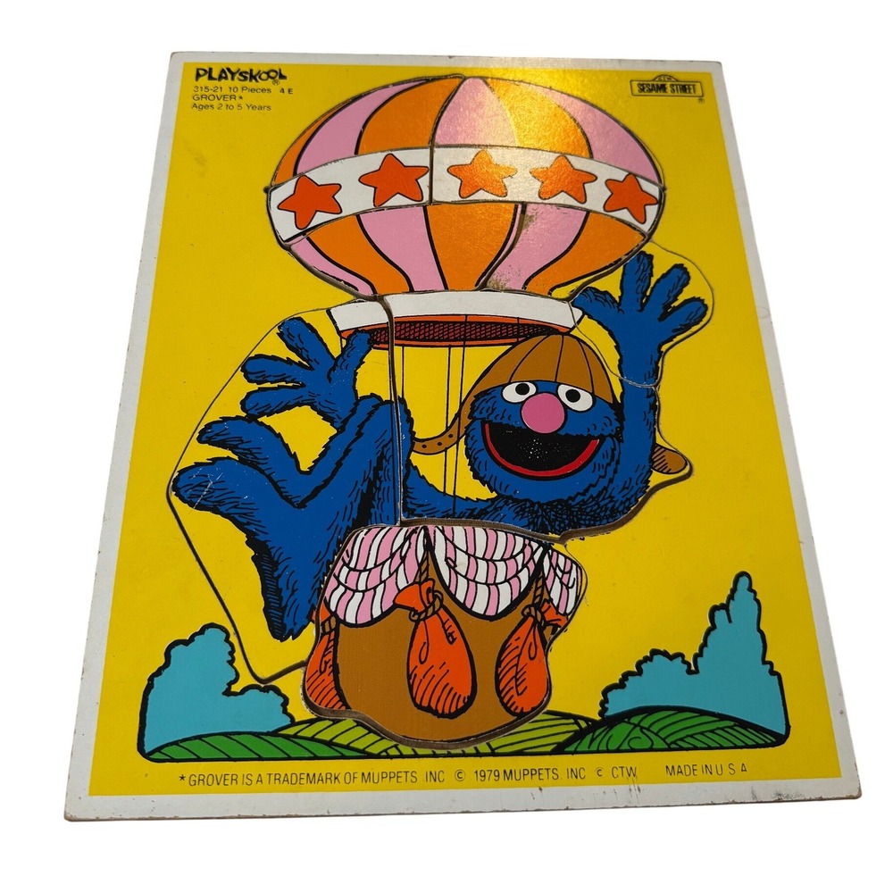 VTG Playskool Sesame Street Grover Hot Air Balloon Puzzle 10pc Frame Tray 315-21